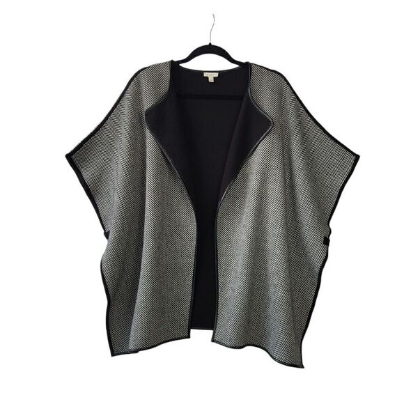 Talbots Herringbone Poncho Women's S/M Gray Open Front Faux Leather Trim Fall - Picture 1 of 11